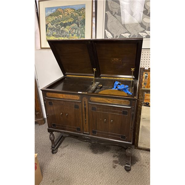 ANTIQUE VICTROLA HAND CRANK TURNTABLE CABINET 37" X 20" X 35"