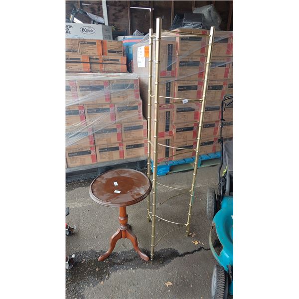 5 TIER SHELVING UNIT (NO SHELVES) & SMALL ROUND END TABLE