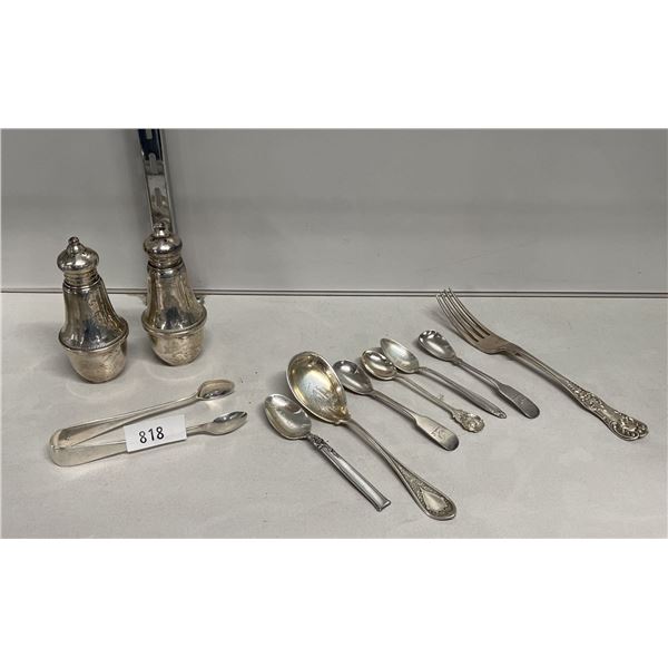 STERLING SILVER SALT & PEPPER SHAKER & SUGAR CUBE TONGS