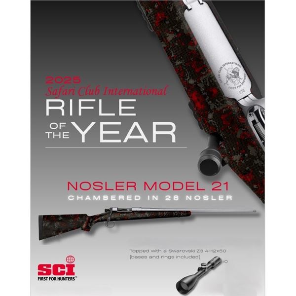 SCI Rifle of the Year - Nosler Model 21 in 28 Nosler with Swarovski Z3 4-12x50, bases and rings.