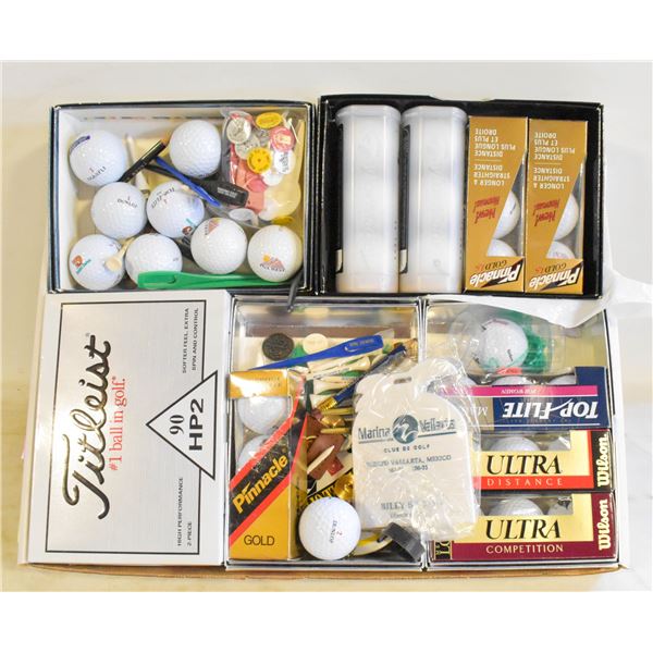 BOX OF COLLECTOR GOLF BALLS AND ACCESSORIES