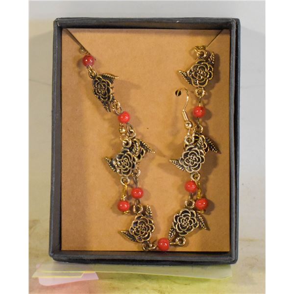 BRACELET/EARRING SET, GOLD TONE FLOWERS/RED BEADS