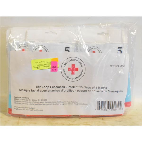 75 NEW EAR LOOP FACE MASKS - 15PKS OF 5 MASKS