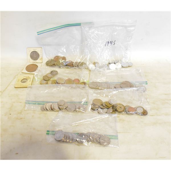 FLAT OF OLD FOREIGN COINS, BAG OF SWISS FRANC'S,