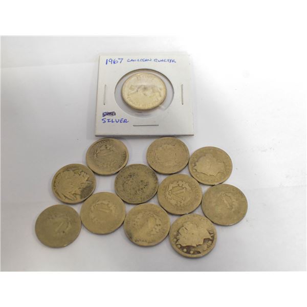 1967 CANADIAN QUARTER, 10 US NICKEL