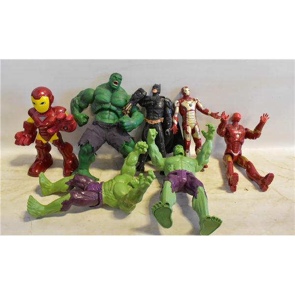 3 HULK FIGURINES, 3 IRONMAN FIGURINES AND