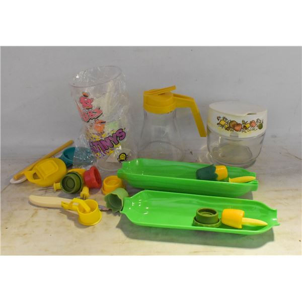 28 VINTAGE ITEMS - POP TOPS/CORN HOLDERS/SYRUP