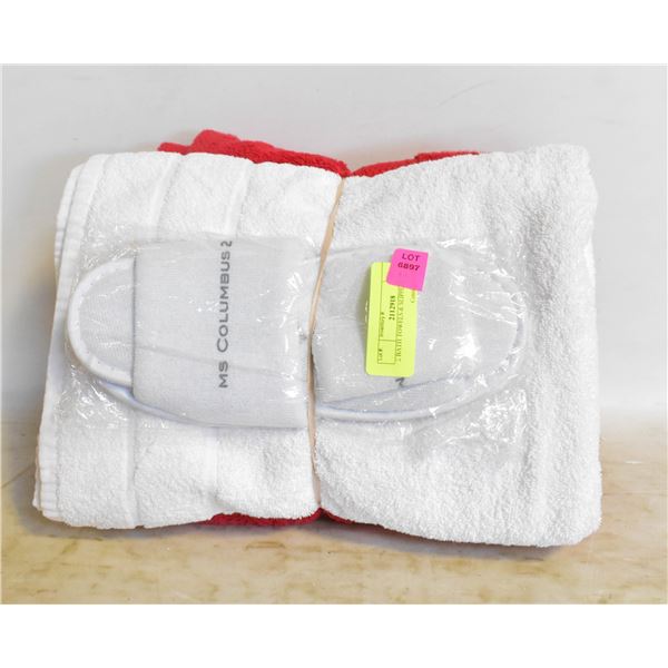 2 BATH TOWELS & SLIPPERS