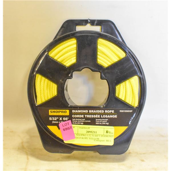 NEW SHOPRO 5/32 X 66FT DIAMOND BRAIDED ROPE YELLOW