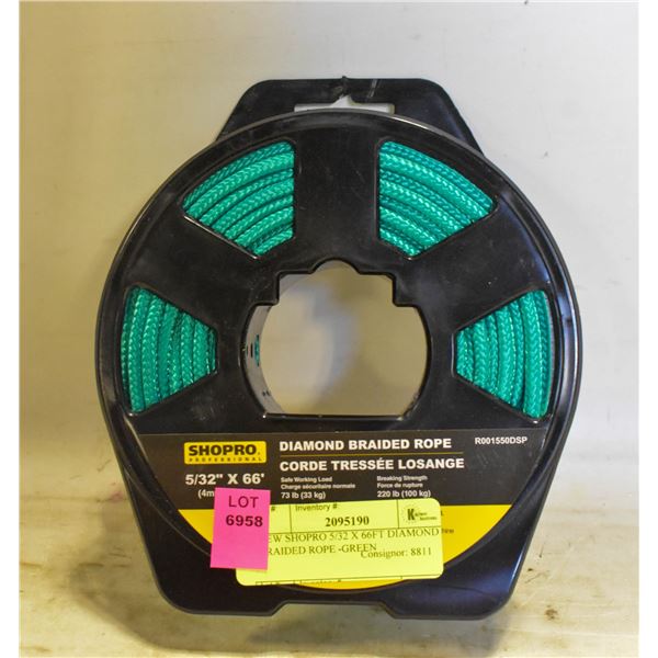 NEW SHOPRO 5/32 X 66FT DIAMOND BRAIDED ROPE -GREEN