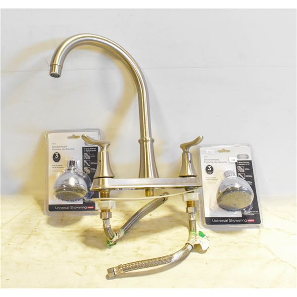STAINLESS FAUCET & 2 NEW CHROME SHOWER HEADS