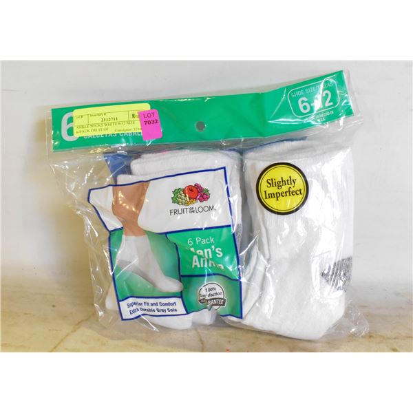 ANKLE SOCKS WHITE 6-12 SIZE 6-PACK FRUIT OF