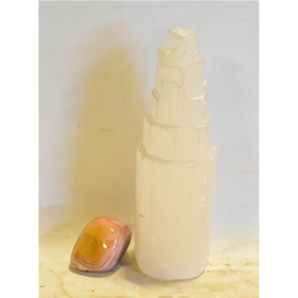 SELENITE TOWER & BANDED AGATE (POLISHED)