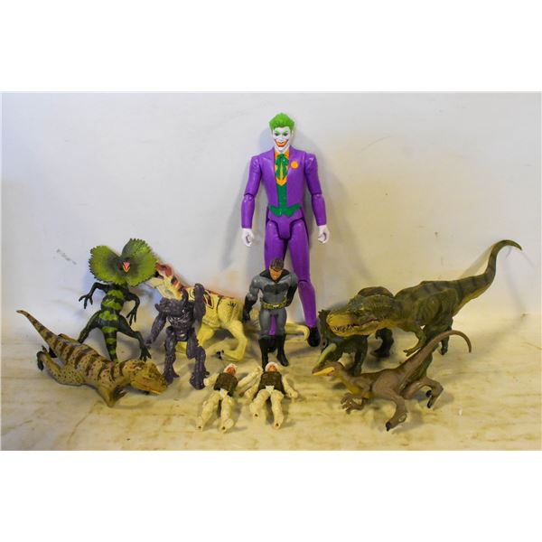 BOX OF 6 TOY DINASOURS, JOKER FIGURINE