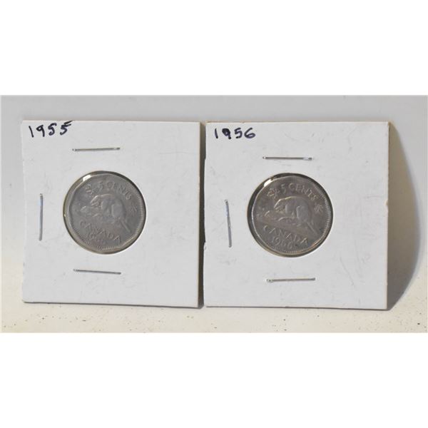 21)  LOT OF 2 CANADIAN NICKLES, 1955 & 1956.