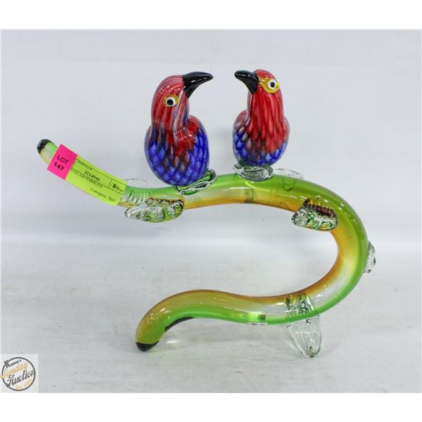 BLOWN ART GLASS PARROTS PERCHING ON A BRANCH