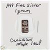 Image 1 : #3308-CANADIAN .999 FINE SILVER 1 GRAM BAR