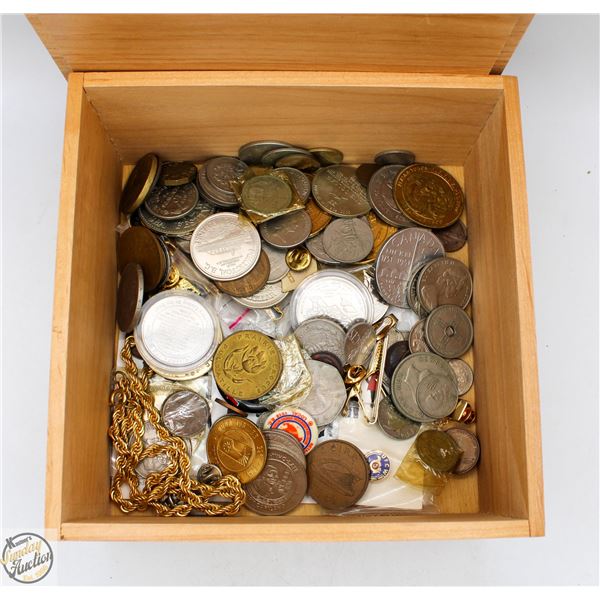 BOX OF ESTATE COINS, TOKENS & PINS