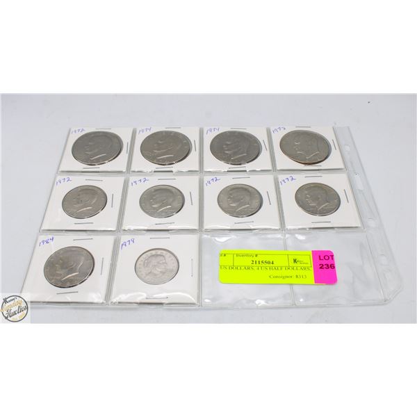 4 US DOLLARS, 4 US HALF DOLLARS,