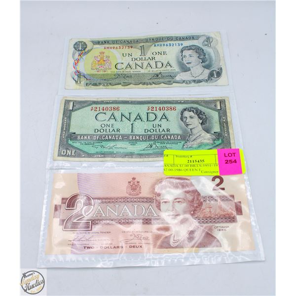 CANADA $1.00 BILLS-1954+1973 +$2.00-1986 QUEEN E.