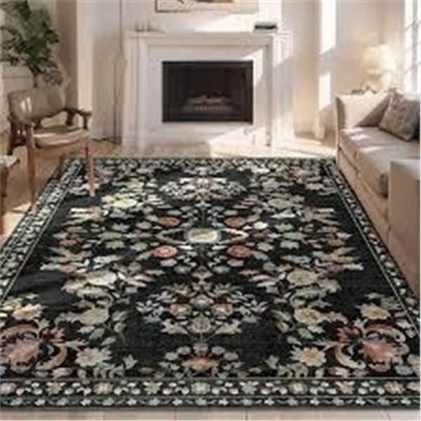 NEW MUJOO BLACK FLORAL AREA RUG 6 X 9FT