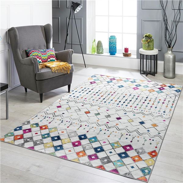 NEW MANDALA INDOOR AREA RUG 6 X 9FT WHITE & MULTI