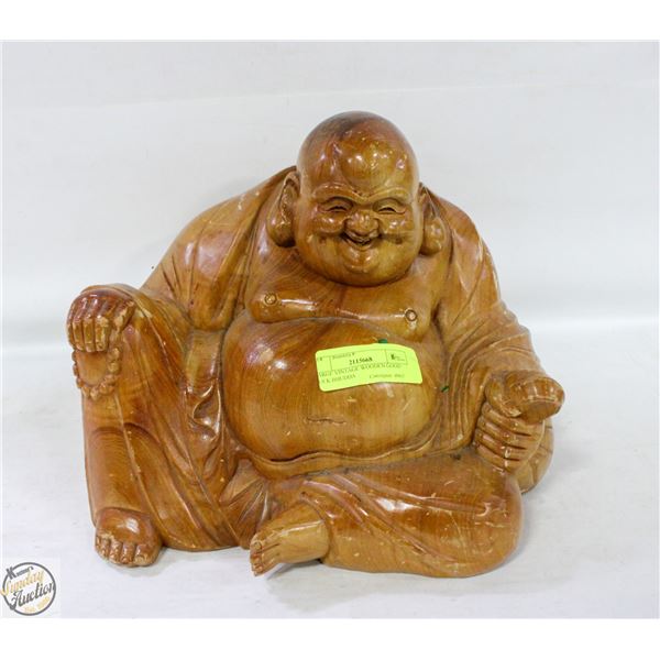 LARGE VINTAGE WOODEN GOOD LUCK BHUDDA