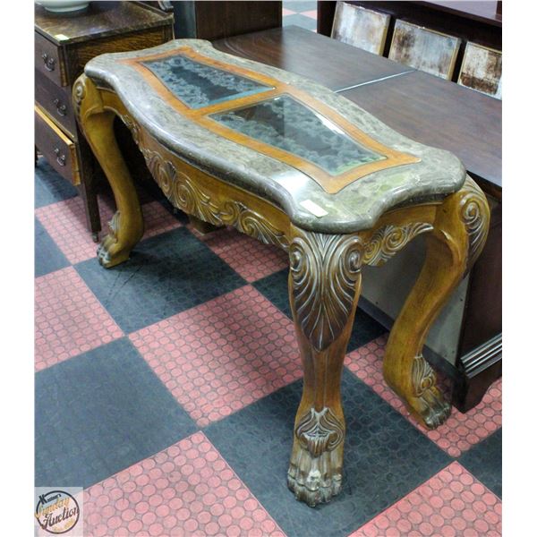 STONE/GLASS TOP ENTRYWAY TABLE WITH WOOD CARVED