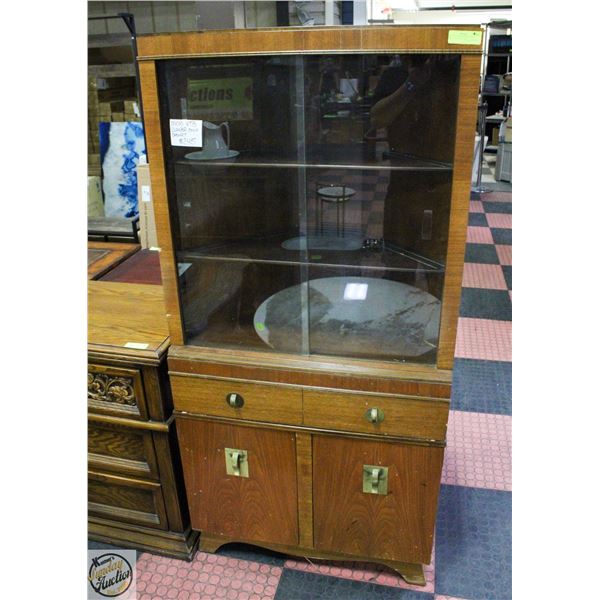 VINTAGE MCM CORNER CHINA CABINET 30" X 20" X 63"