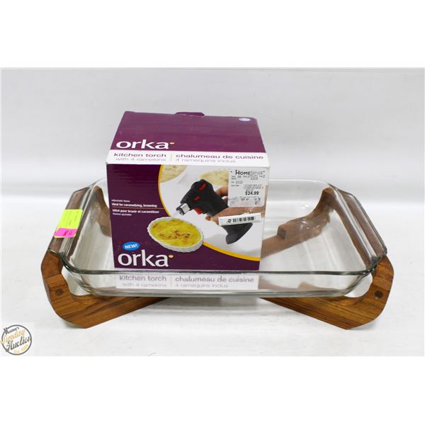TEAK & GLASS SERVING DISH & KITCHEN TORCH