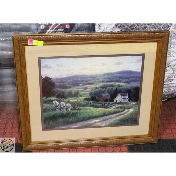 MAN CUTTING HAY W/2 HORSES FRAMED PRINT 24"X28"