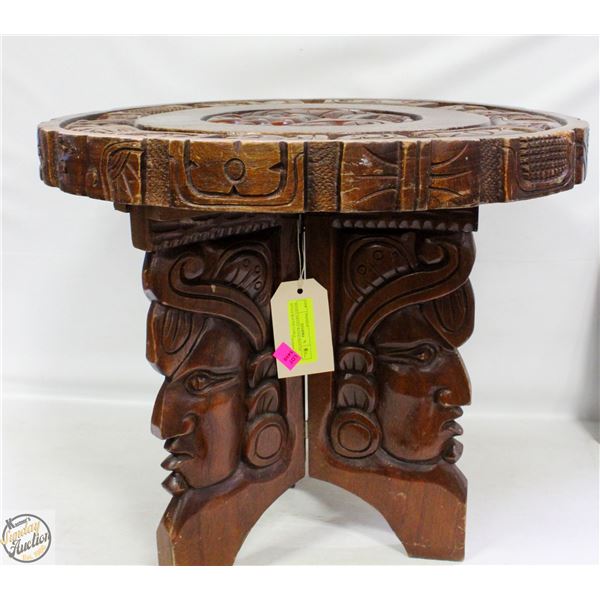 HAND CARVED WOOD MAYAN STYLE ROUND TABLE H-19"