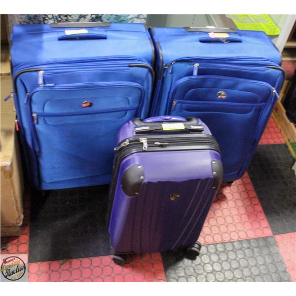 2 BLUE DELSEY LARGE SUIT CASES PLUS 1 SMALL CASE