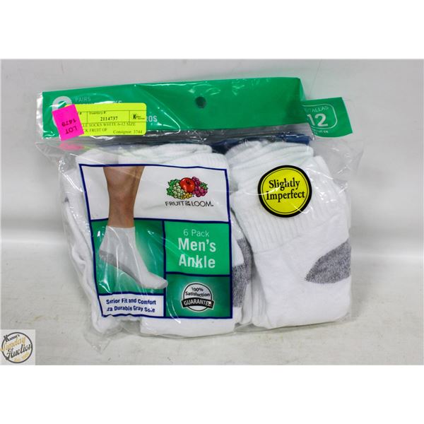 ANKLE SOCKS WHITE 6-12 SIZE 6-PACK FRUIT OF