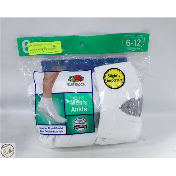 ANKLE SOCKS WHITE 6-12 SIZE 6-PACK FRUIT OF