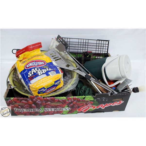 CAMPING - BBQ WITH BRIQUETS, WATER JUG,