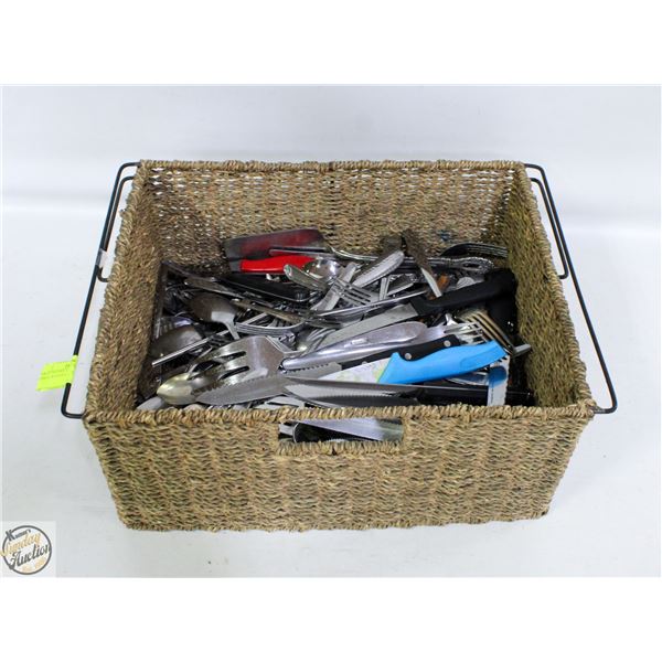LARGE BASKET OF UTENSILS - FORKS, KNIVES,