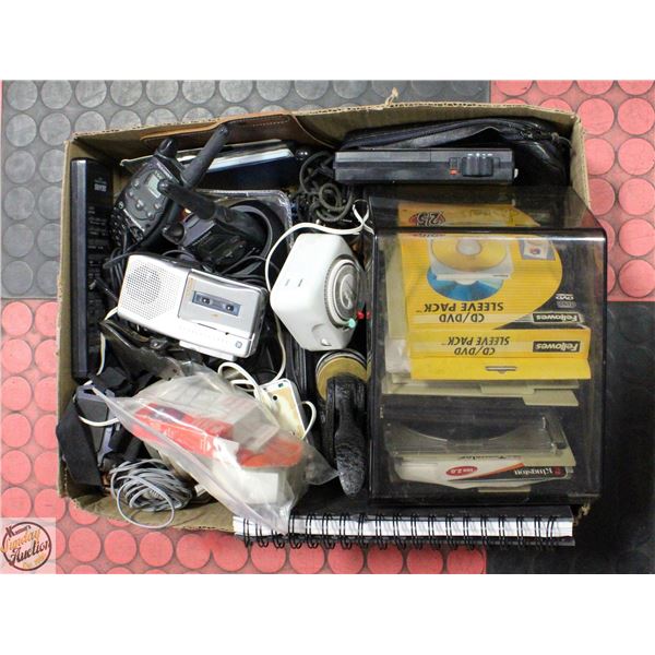 BOX OF WALKIE TALKIES & VARIOUS OFFICE ITEMS