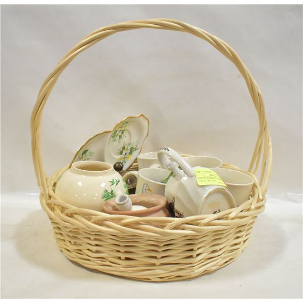 WICKER BASKET WITH ASSORTED CHINA + POTTERY
