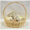 Image 1 : WICKER BASKET WITH ASSORTED CHINA + POTTERY