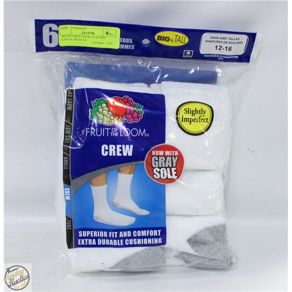 WHITE CREW SOCK 12-16 SIZE 6-PACK FRUIT OF