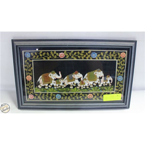 DECORATED ELEPHANTS PAINTS ON FABRIC FRAMED 16"X1
