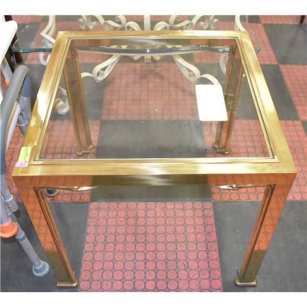 BRASS FRAMED GLASS TOP SIDE TABLE 26" X 26" X 22"