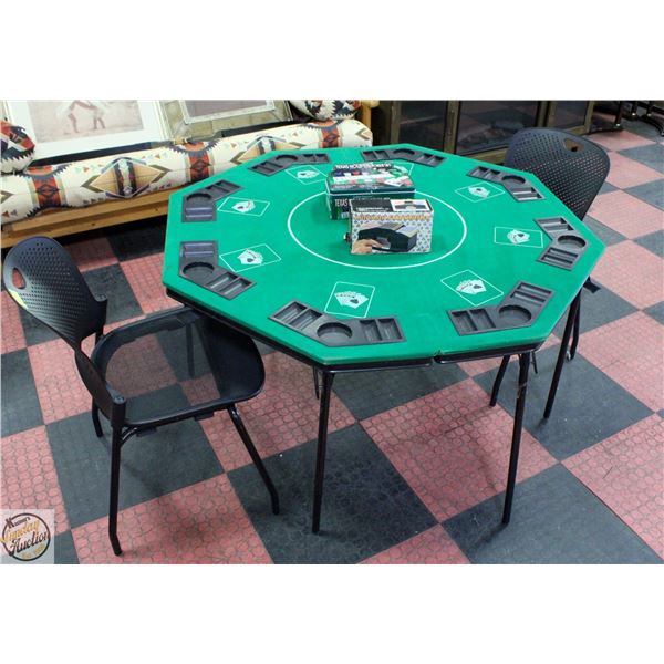 POKER TABLE WITH CHAIRS/POKER CHIP SET AND