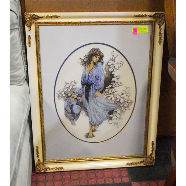 VINTAGE FRAMED CROSS STITCH- "SARA MOON"- 28" X
