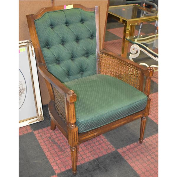 VINTAGE WOODEN ARM CHAIR GREEN UPHOLSTERED CUSHION