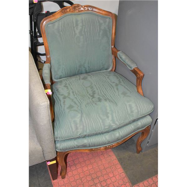VINTAGE FRENCH STYLE ARMCHAIR IN GREEN FABRIC