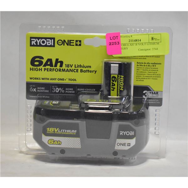 NEW RYOBI 6 AH 18 VOLT LITHIUM HP BATTERY