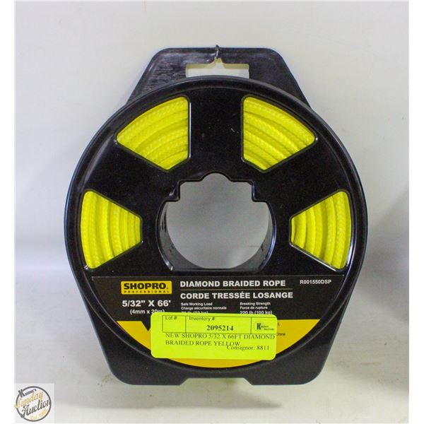 NEW SHOPRO 5/32 X 66FT DIAMOND BRAIDED ROPE YELLOW