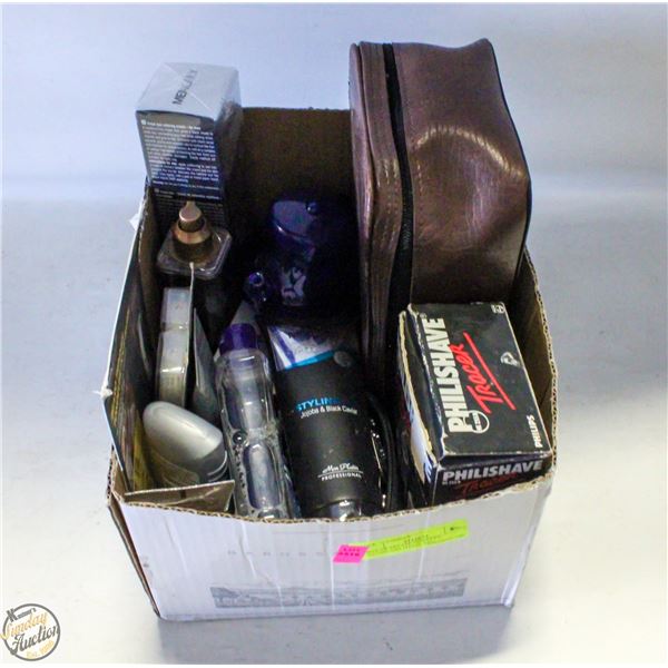 BOX OF ESTATE SHAVERS, BATHROOM ITEMS, ETC